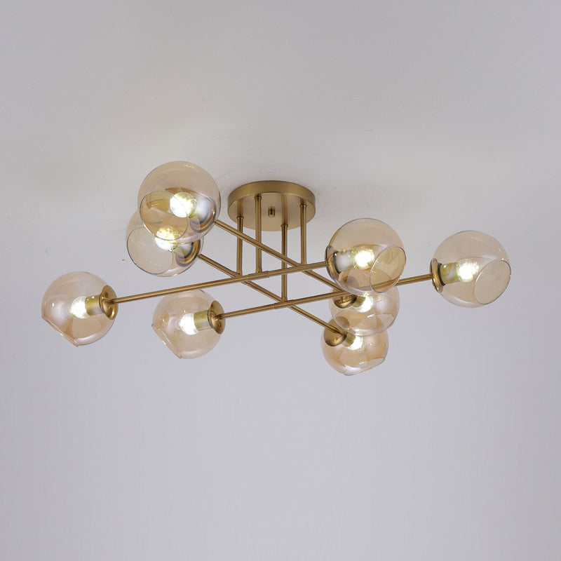 Open Glass Ball Semi Flush Light Postmodern Brass Ceiling Mounted Light for Dining Room