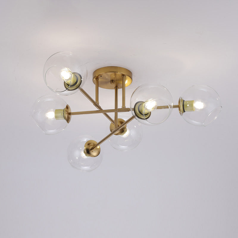 Open Glass Ball Semi Flush Light Postmodern Brass Ceiling Mounted Light for Dining Room