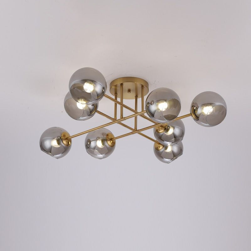 Open Glass Ball Semi Flush Light Postmodern Brass Ceiling Mounted Light for Dining Room