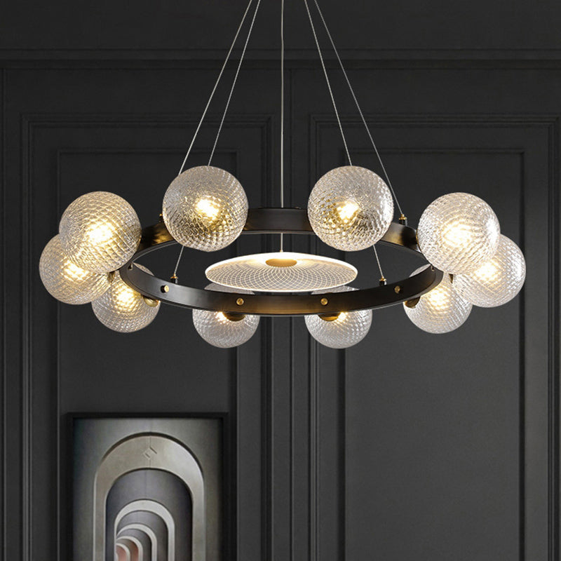 Designer Ball Shaped Pendant Chandelier Clear Lattice Glass Restaurant Hanging Light in Black