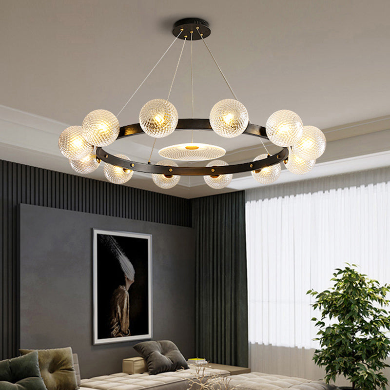 Designer Ball Shaped Pendant Chandelier Clear Lattice Glass Restaurant Hanging Light in Black