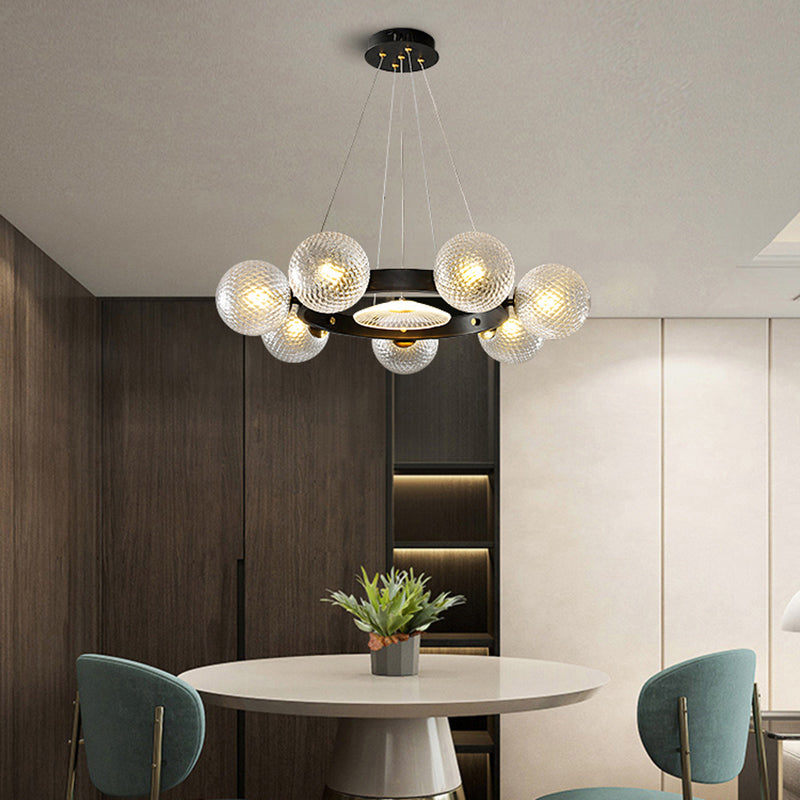 Designer Ball Shaped Pendant Chandelier Clear Lattice Glass Restaurant Hanging Light in Black