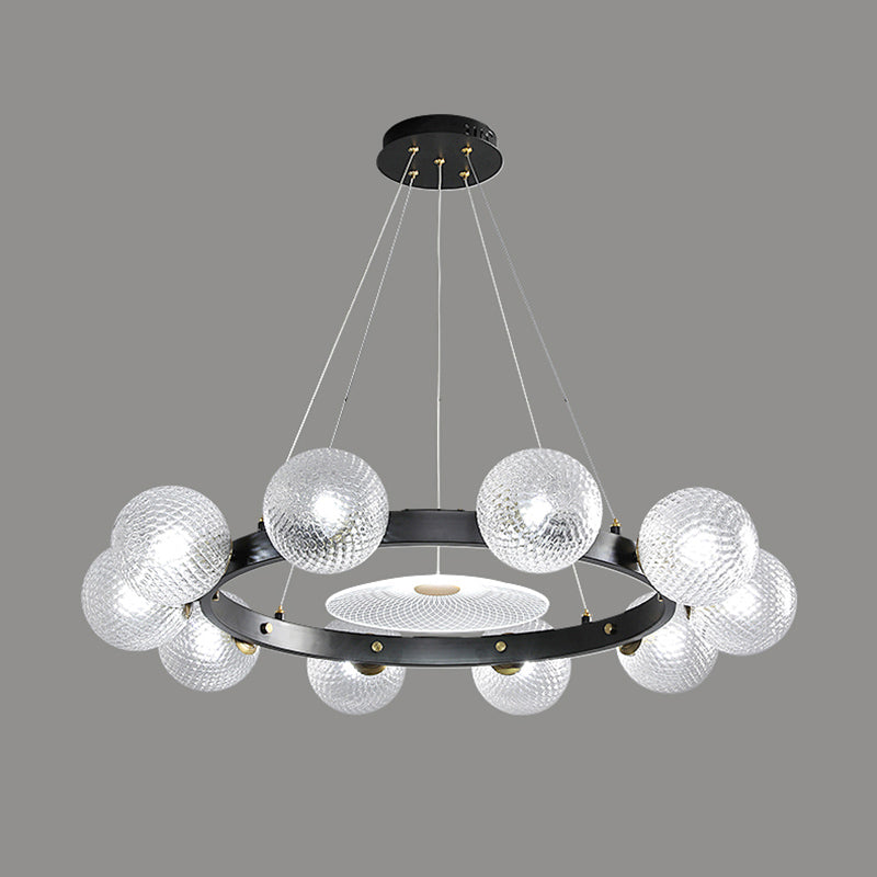 Designer Ball Shaped Pendant Chandelier Clear Lattice Glass Restaurant Hanging Light in Black