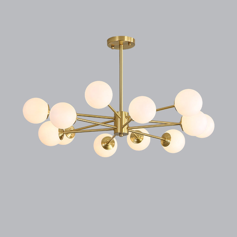 Postmodernism Balls Chandelier Ivory Glass Living Room Hanging Light with Burst Design in Gold