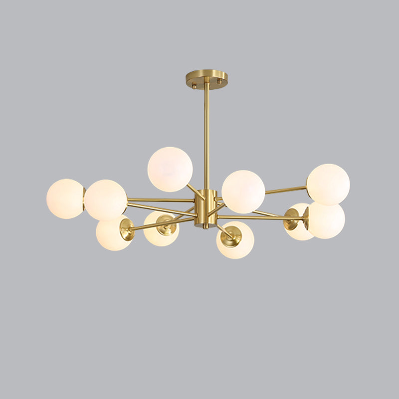 Postmodernism Balls Chandelier Ivory Glass Living Room Hanging Light with Burst Design in Gold