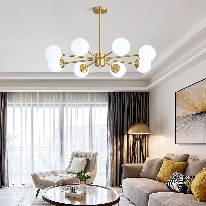 Postmodernism Balls Chandelier Ivory Glass Living Room Hanging Light with Burst Design in Gold