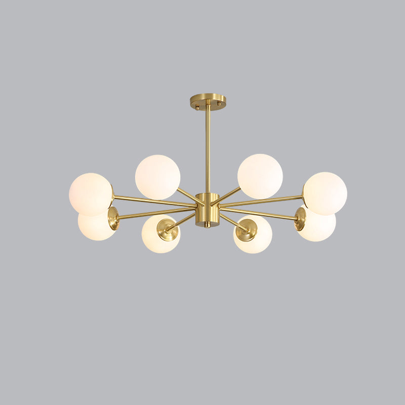Postmodernism Balls Chandelier Ivory Glass Living Room Hanging Light with Burst Design in Gold