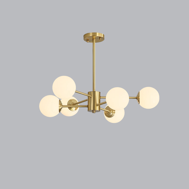 Postmodernism Balls Chandelier Ivory Glass Living Room Hanging Light with Burst Design in Gold