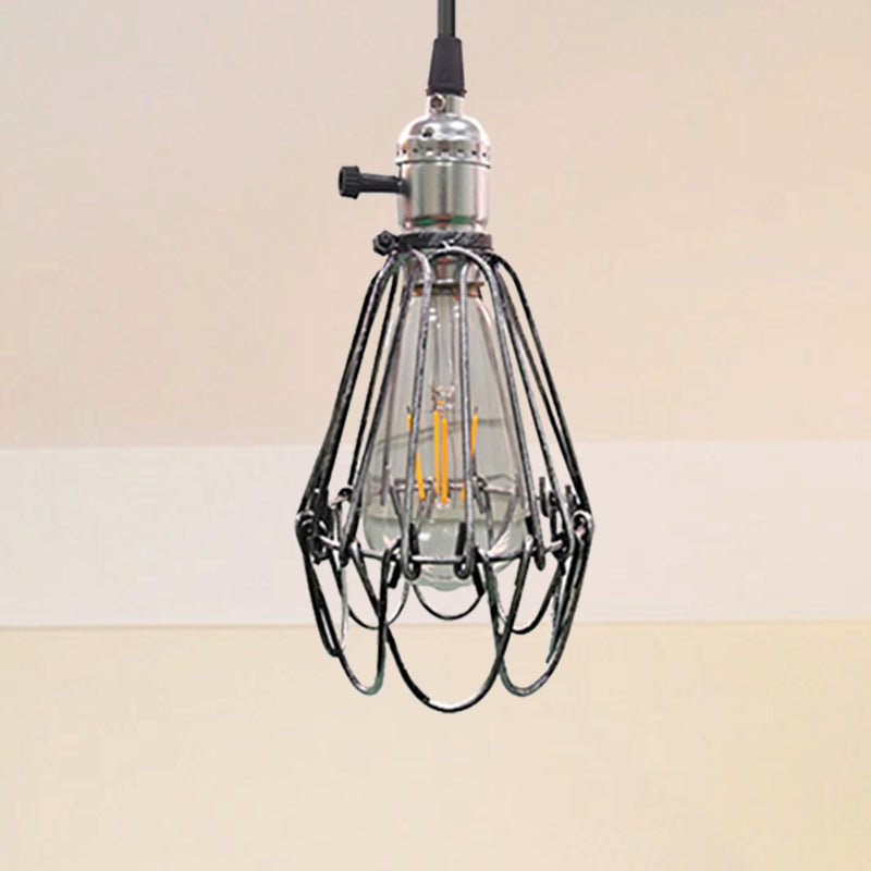 Metal Wire Frame Ceiling Pendant Light Farmhouse Style 1 Light Living Room Hanging Lamp in Aged Silver/Antique Copper