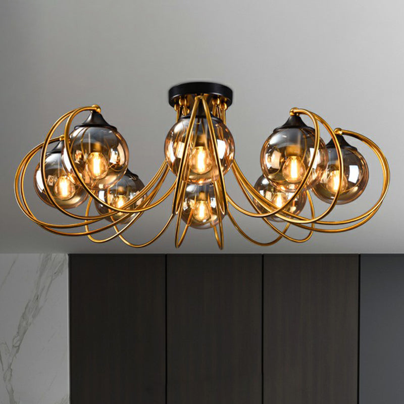 Brass Finish Floral Semi-Flush Ceiling Light Postmodern Glass Flushmount Lighting for Living Room