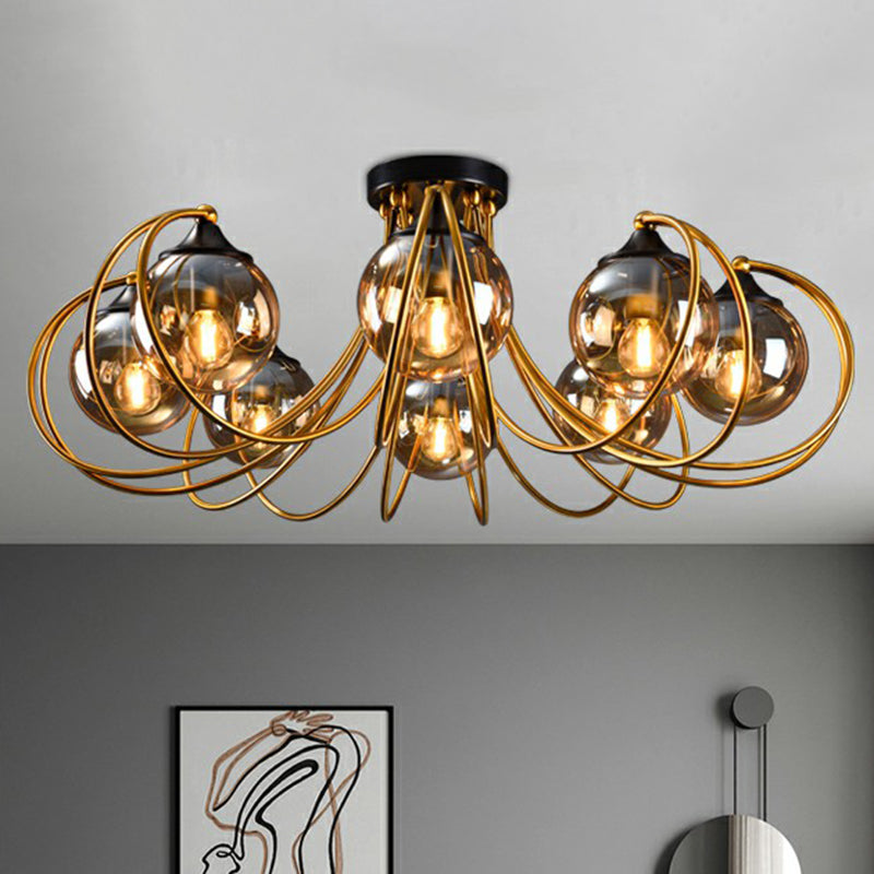 Brass Finish Floral Semi-Flush Ceiling Light Postmodern Glass Flushmount Lighting for Living Room
