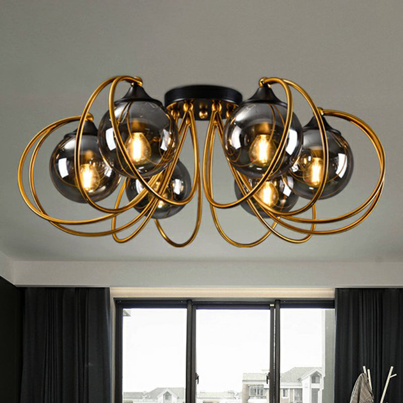 Brass Finish Floral Semi-Flush Ceiling Light Postmodern Glass Flushmount Lighting for Living Room