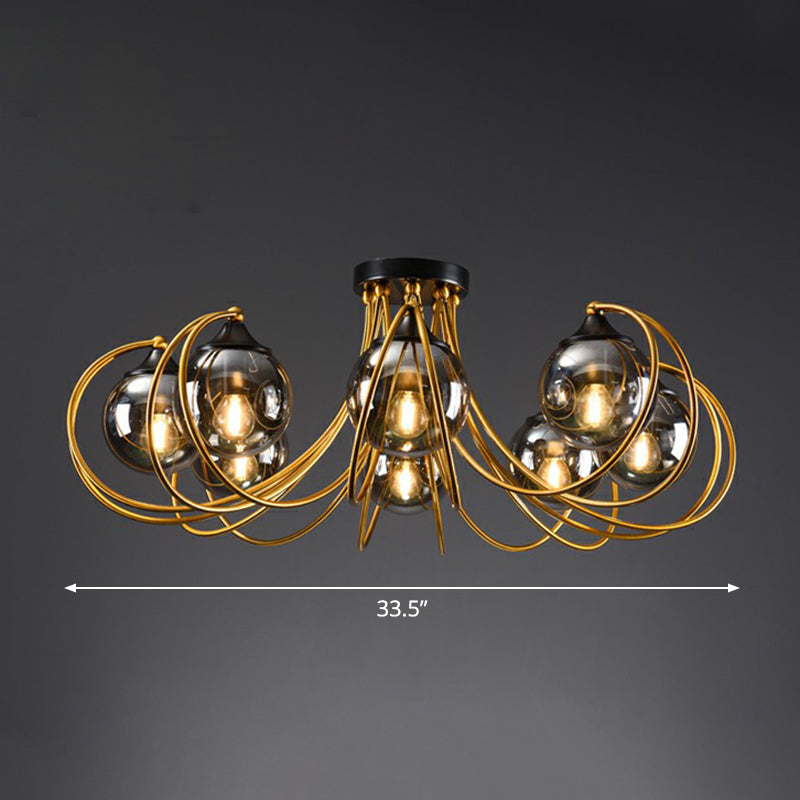 Brass Finish Floral Semi-Flush Ceiling Light Postmodern Glass Flushmount Lighting for Living Room