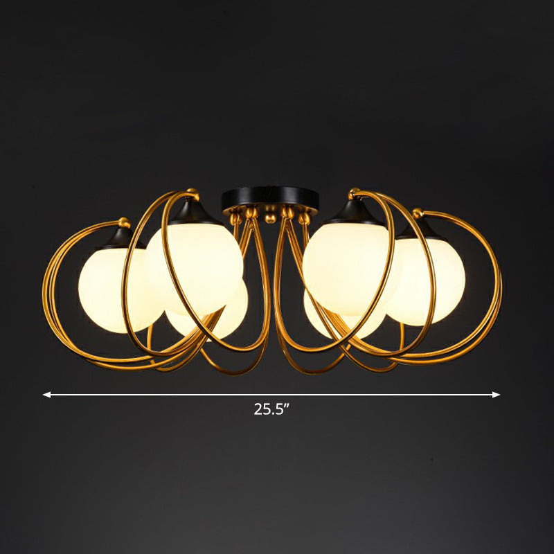 Brass Finish Floral Semi-Flush Ceiling Light Postmodern Glass Flushmount Lighting for Living Room