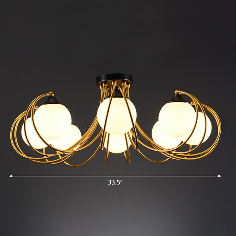 Brass Finish Floral Semi-Flush Ceiling Light Postmodern Glass Flushmount Lighting for Living Room