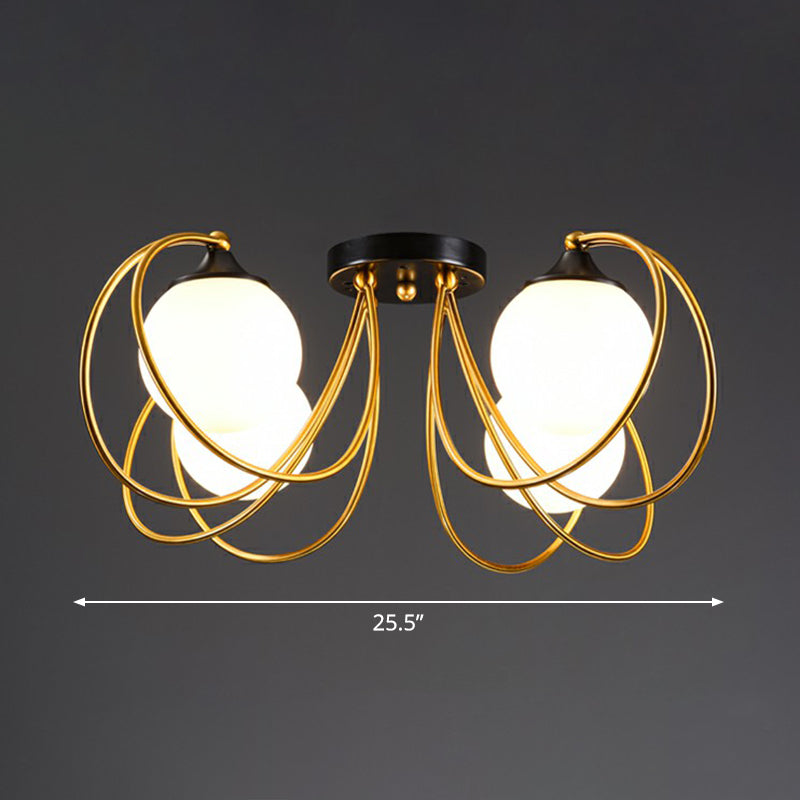 Brass Finish Floral Semi-Flush Ceiling Light Postmodern Glass Flushmount Lighting for Living Room