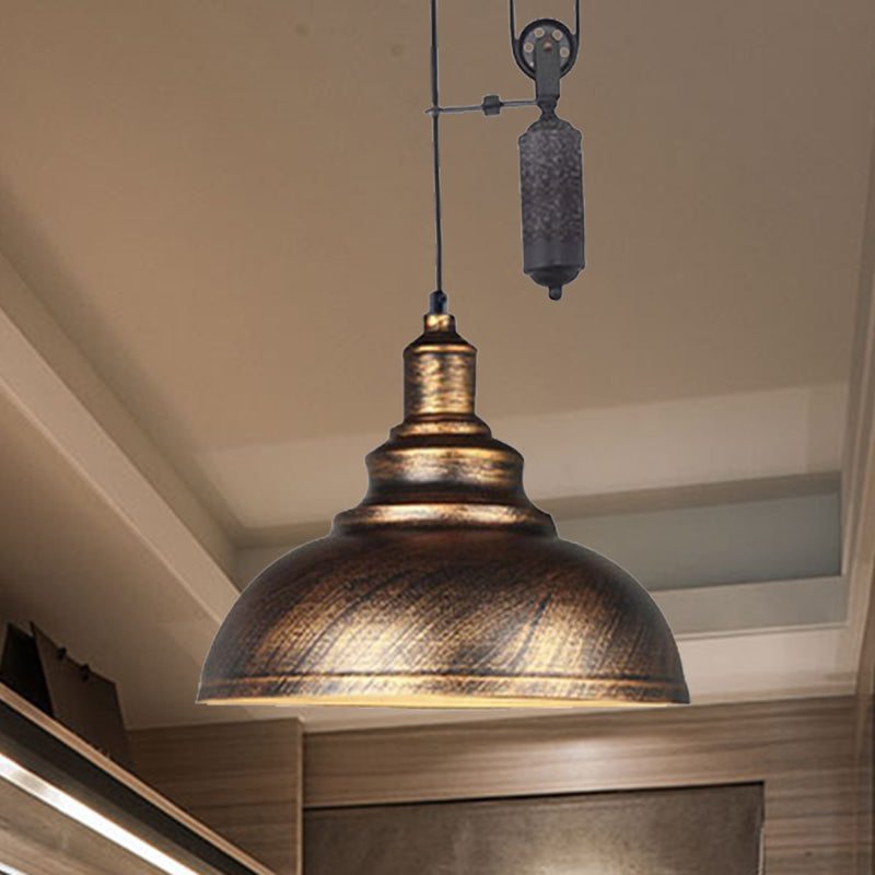 Rustic Industrial Dome Hanging Lamp with Pulley 1 Light Metal Pendant Light Fixture in Brown/Grey for Living Room