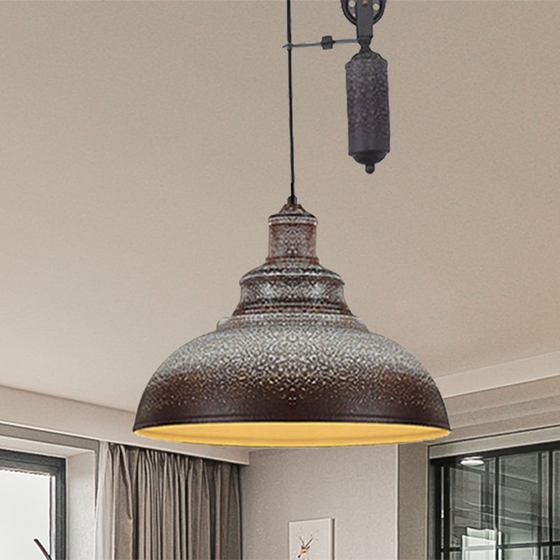 Rustic Industrial Dome Hanging Lamp with Pulley 1 Light Metal Pendant Light Fixture in Brown/Grey for Living Room