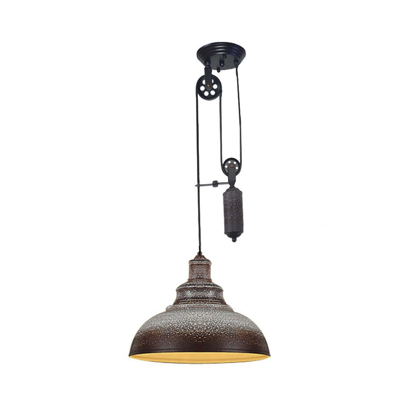 Rustic Industrial Dome Hanging Lamp with Pulley 1 Light Metal Pendant Light Fixture in Brown/Grey for Living Room