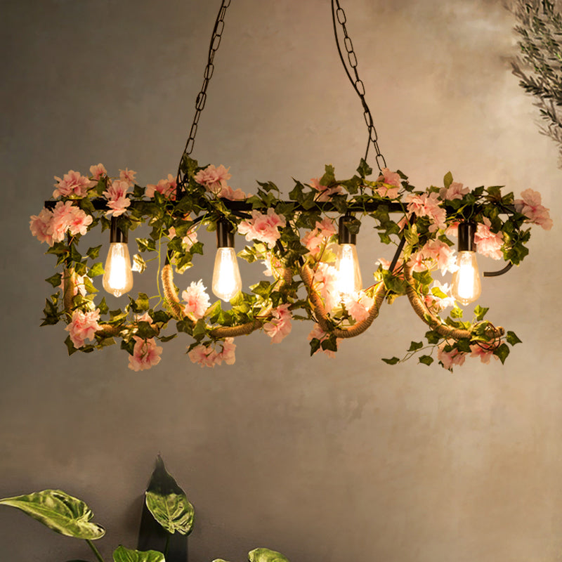 4 Lights Linear Island Lamp with Artificial Plant Lodge Metal Hanging Light in Black