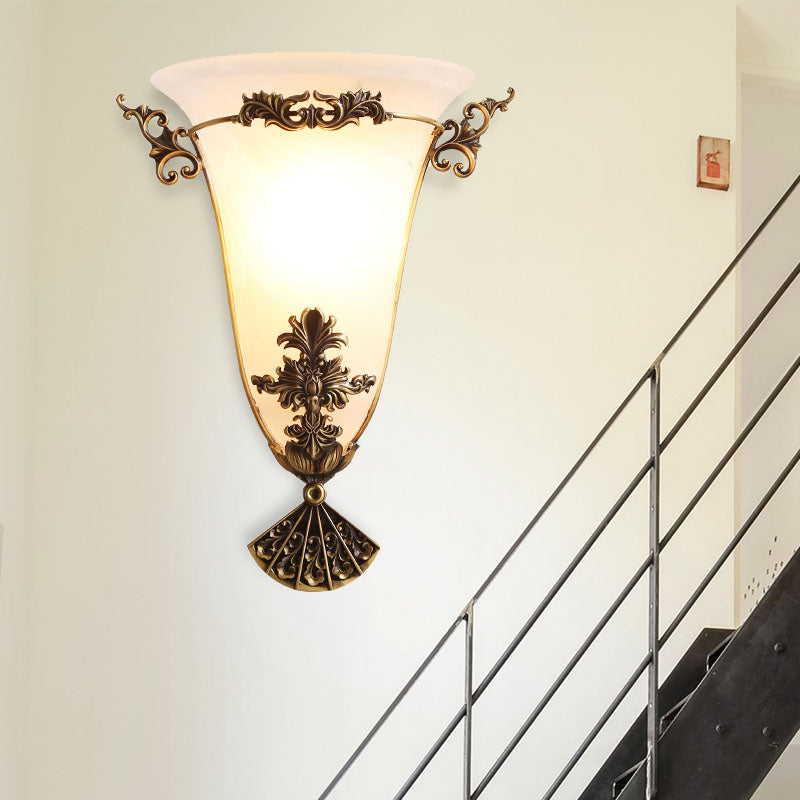 Brass Flower Sconce Light Traditional 1 Head Milky Glass Wall Lighting Fixture for Hallway