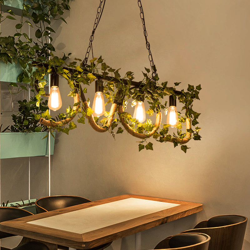 4 Lights Linear Island Lamp with Artificial Plant Lodge Metal Hanging Light in Black