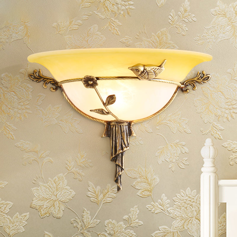 1 Bulb Wide Flare Wall Lamp Tradition White/Yellow Glass Sconce Light Fixture with Flower Deco toward Left/Right