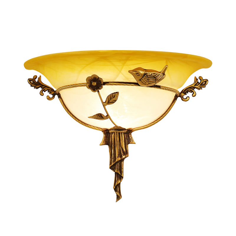 1 Bulb Wide Flare Wall Lamp Tradition White/Yellow Glass Sconce Light Fixture with Flower Deco toward Left/Right