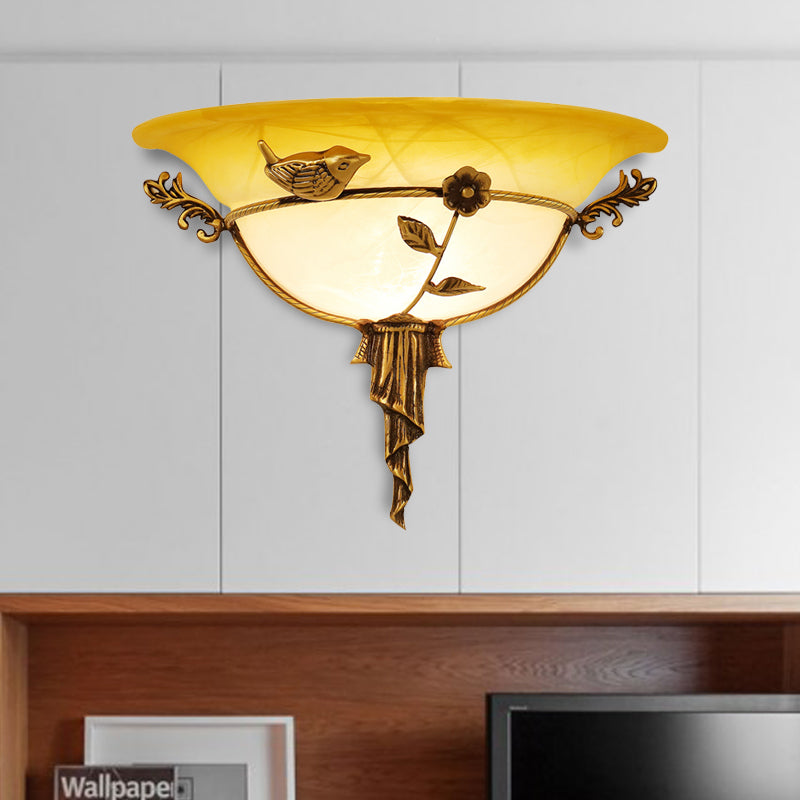 1 Bulb Wide Flare Wall Lamp Tradition White/Yellow Glass Sconce Light Fixture with Flower Deco toward Left/Right