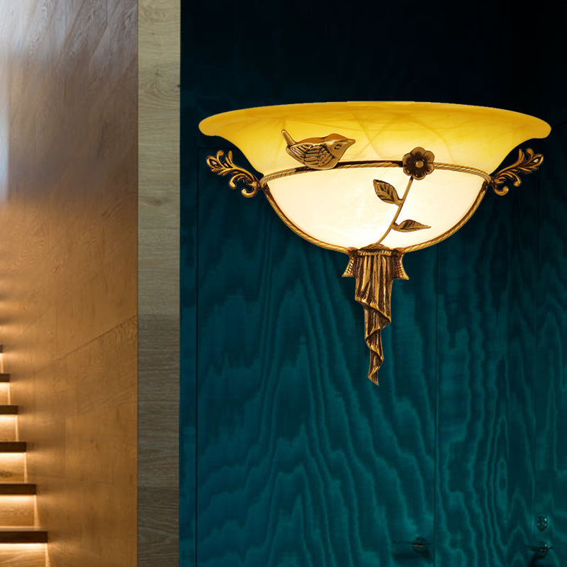 1 Bulb Wide Flare Wall Lamp Tradition White/Yellow Glass Sconce Light Fixture with Flower Deco toward Left/Right