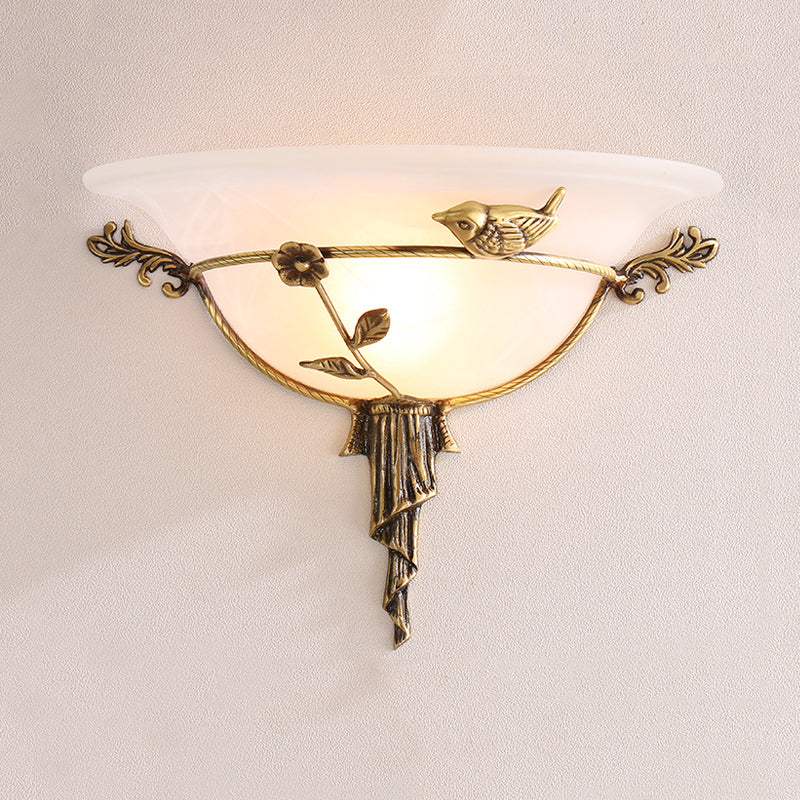 1 Bulb Wide Flare Wall Lamp Tradition White/Yellow Glass Sconce Light Fixture with Flower Deco toward Left/Right