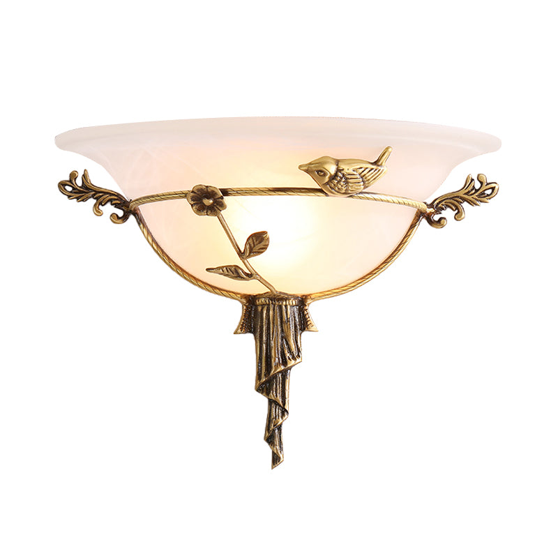 1 Bulb Wide Flare Wall Lamp Tradition White/Yellow Glass Sconce Light Fixture with Flower Deco toward Left/Right