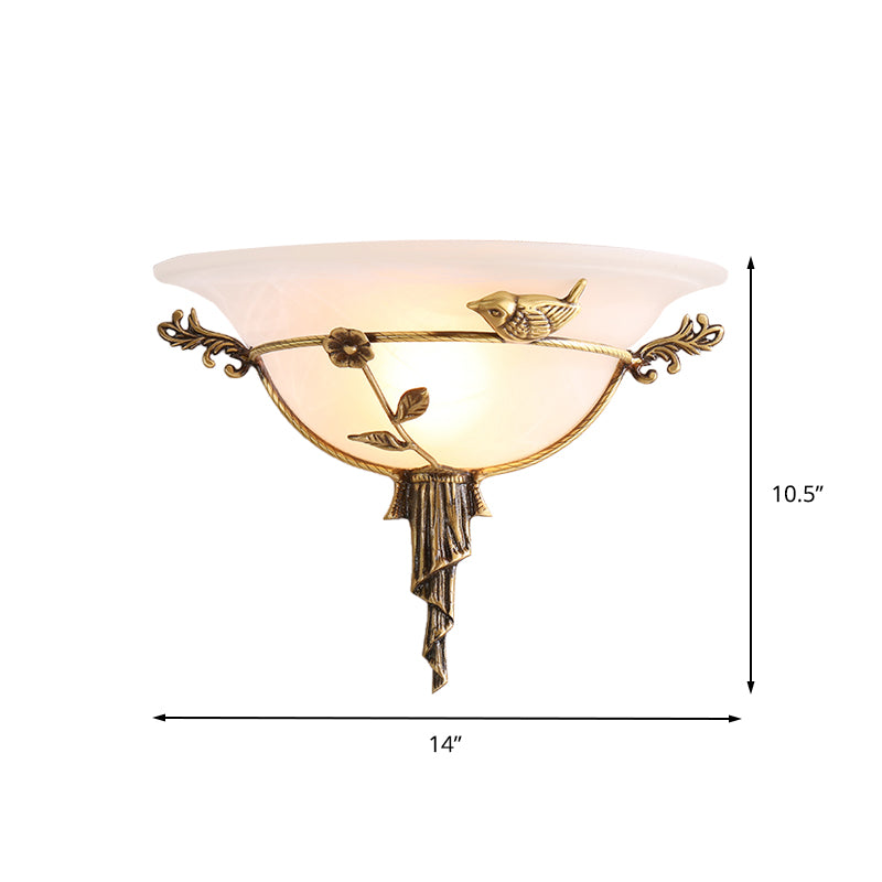 1 Bulb Wide Flare Wall Lamp Tradition White/Yellow Glass Sconce Light Fixture with Flower Deco toward Left/Right
