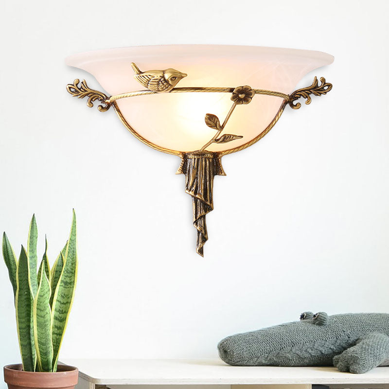 1 Bulb Wide Flare Wall Lamp Tradition White/Yellow Glass Sconce Light Fixture with Flower Deco toward Left/Right