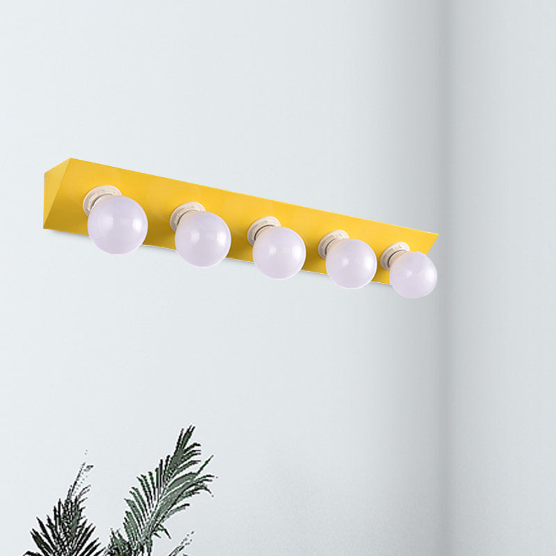 Metal Linear Vanity Sconce Light with Bare Bulb Macaron Style 5 Lights Wall Sconce in Pink/Yellow
