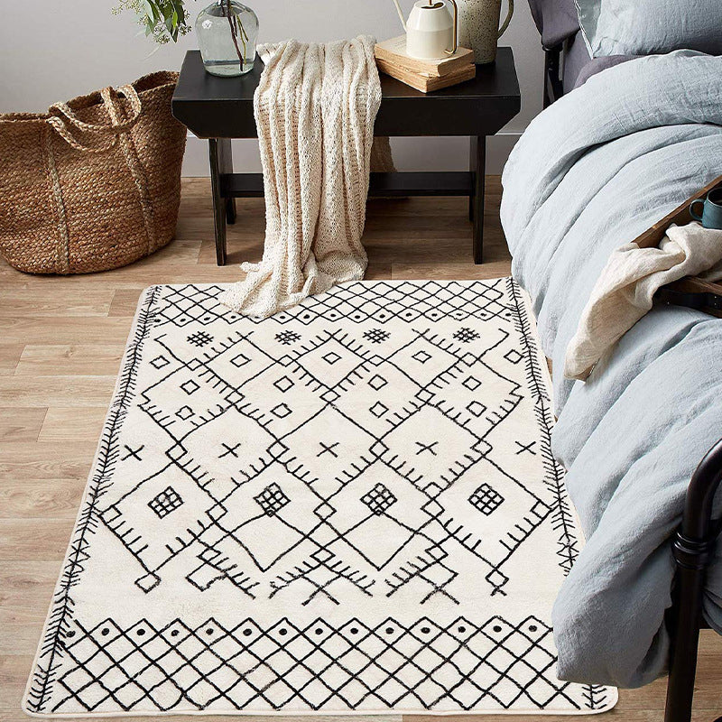 White Geometric Print Rug Lamb Wool Boho Area Carpet Easy Care Pet Friendly Washable Indoor Rug for Bedroom