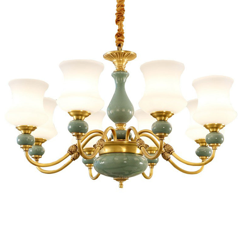 Retro vaas omhoog kroonluchter opaal matglas hangend licht in smaragdgroen-goud voor eetkamer