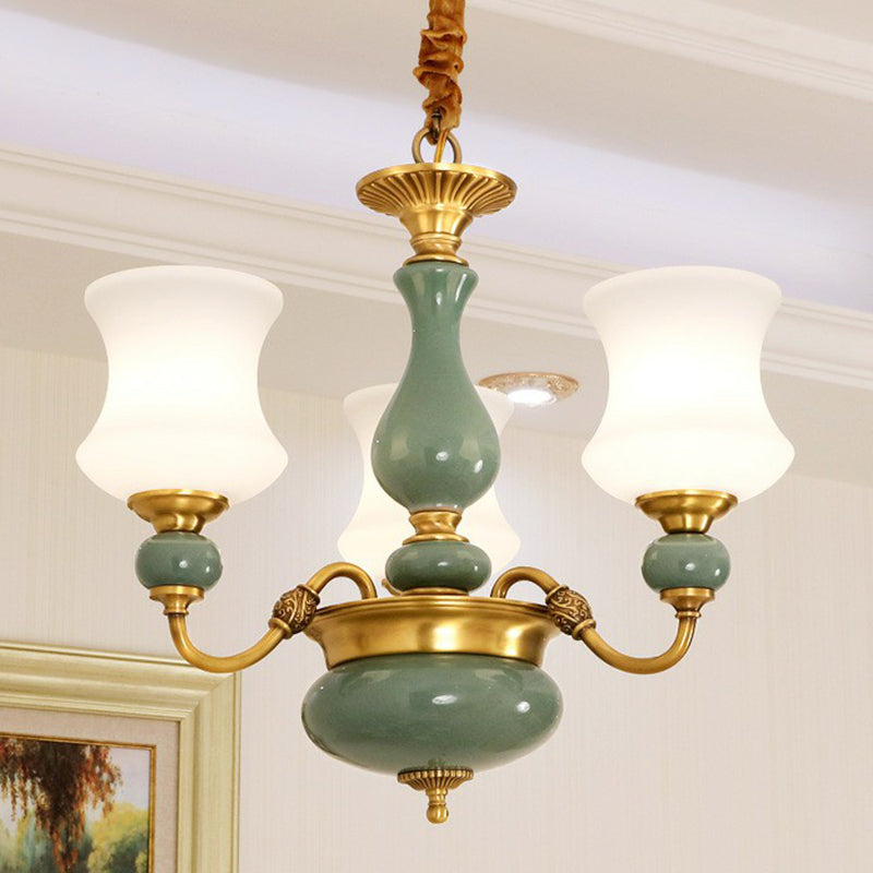 Retro vaas omhoog kroonluchter opaal matglas hangend licht in smaragdgroen-goud voor eetkamer