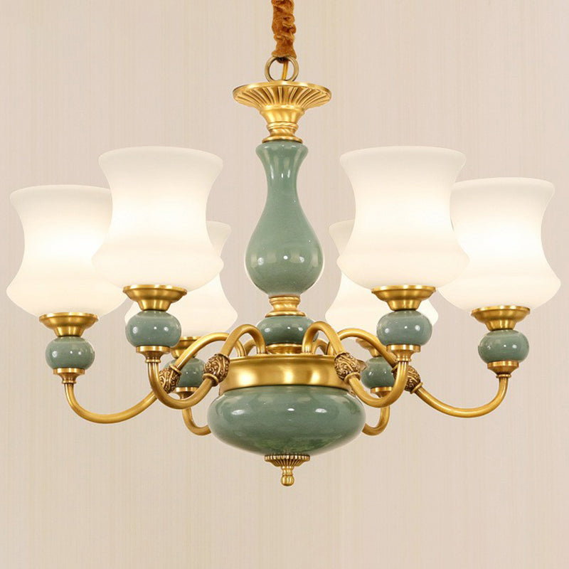 Retro vaas omhoog kroonluchter opaal matglas hangend licht in smaragdgroen-goud voor eetkamer