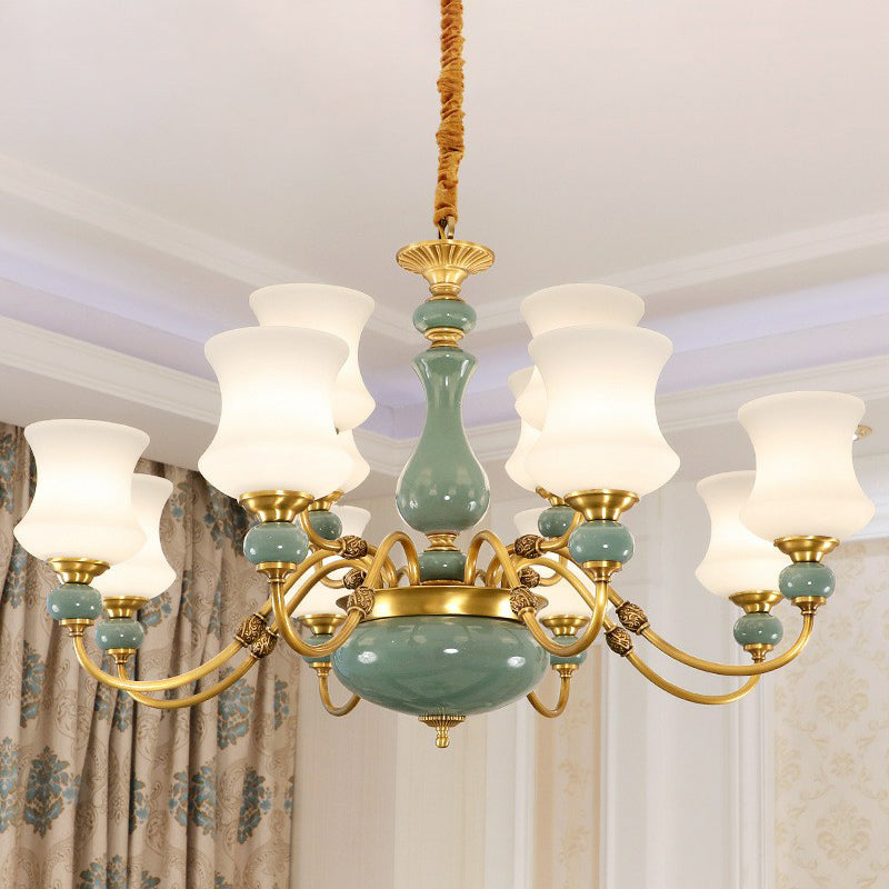 Retro vaas omhoog kroonluchter opaal matglas hangend licht in smaragdgroen-goud voor eetkamer