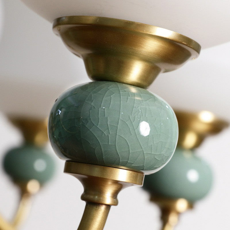 Retro vaas omhoog kroonluchter opaal matglas hangend licht in smaragdgroen-goud voor eetkamer