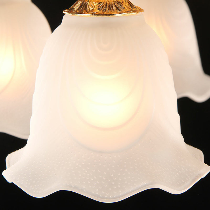Gold Flower Down Lighting Traditional Cream Glass 6 Heads Dining Room Room Chandelier avec des larmes en cristal