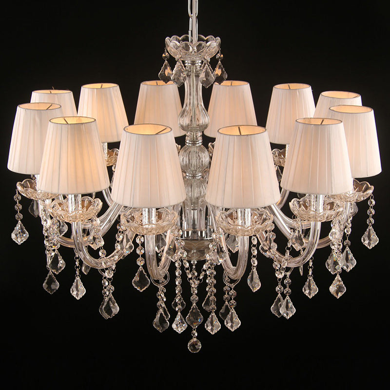 Tissu plissé du lustre blanc empire ombre pendentif transitionnel léger avec des pendalogues en cristal