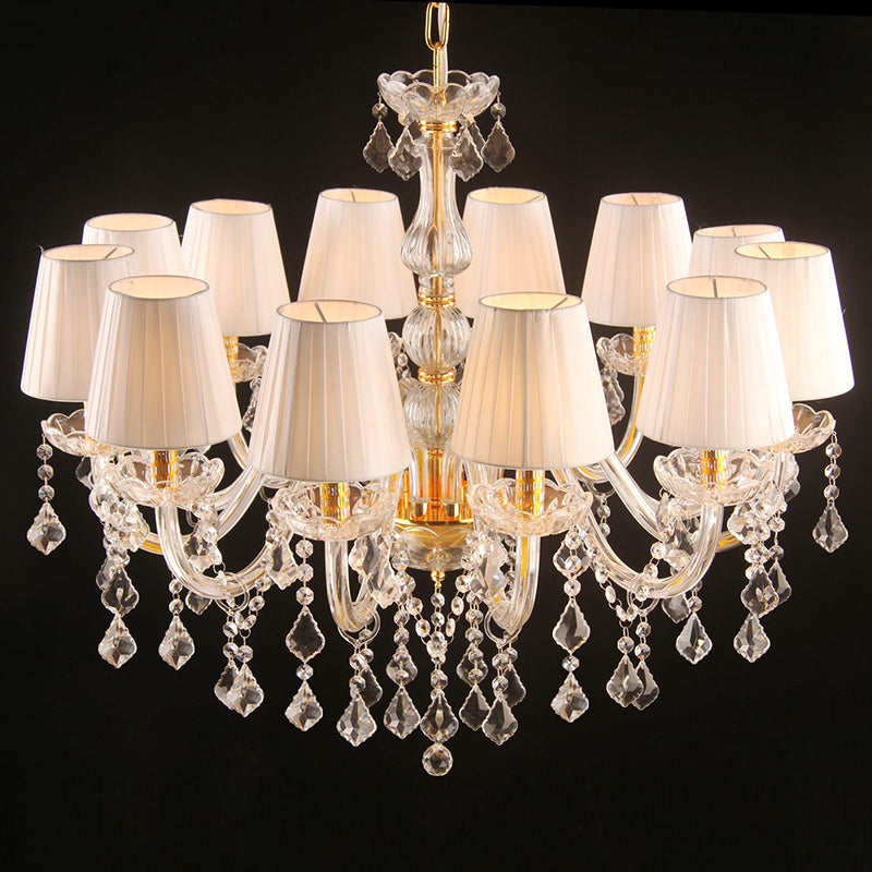 Pleated Fabric White Chandelier Empire Shade Transitional Pendant Light with Crystal Pendalogues