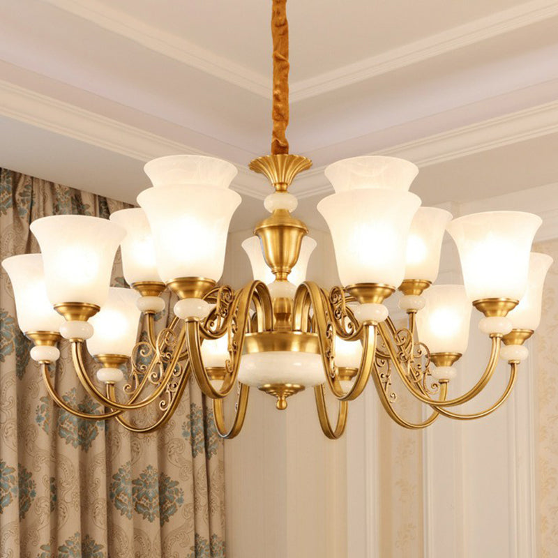 Bell Shaped Restaurant Suspension Lighting Colonial Style Frosted Glass Brass Chandelier Light Fixture