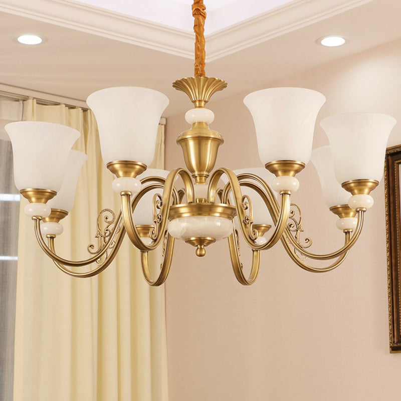 Bell Shaped Restaurant Suspension Lighting Colonial Style Frosted Glass Brass Chandelier Light Fixture