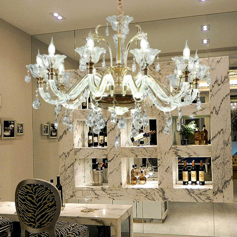 Clear Glass Floral Chandelier Transitional Dining Room Ceiling Light Fixture with K9 Crystals