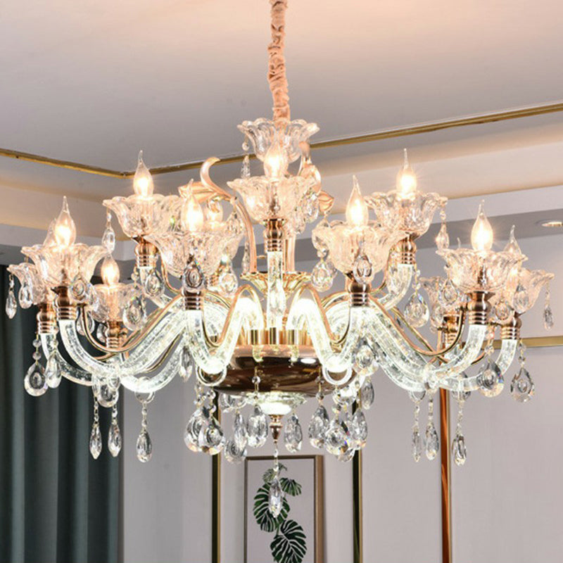 Clear Glass Floral Chandelier Transitional Dining Room Ceiling Light Fixture with K9 Crystals