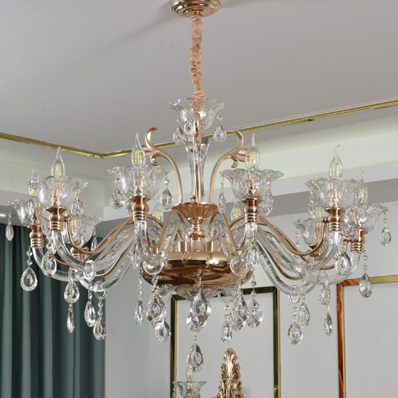 Clear Glass Floral Chandelier Transitional Dining Room Ceiling Light Fixture with K9 Crystals