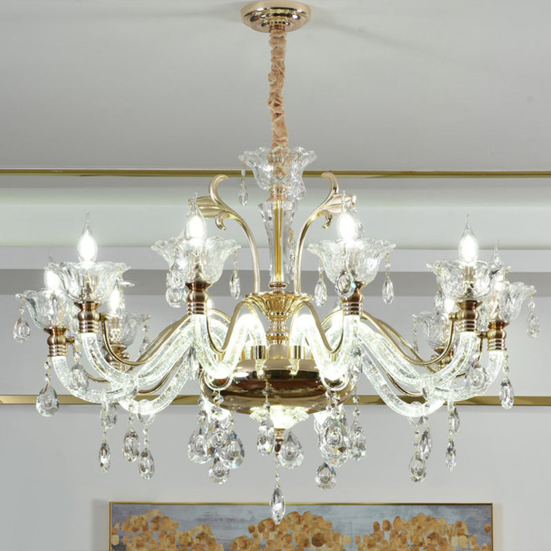 Clear Glass Floral Chandelier Transitional Dining Room Ceiling Light Fixture with K9 Crystals